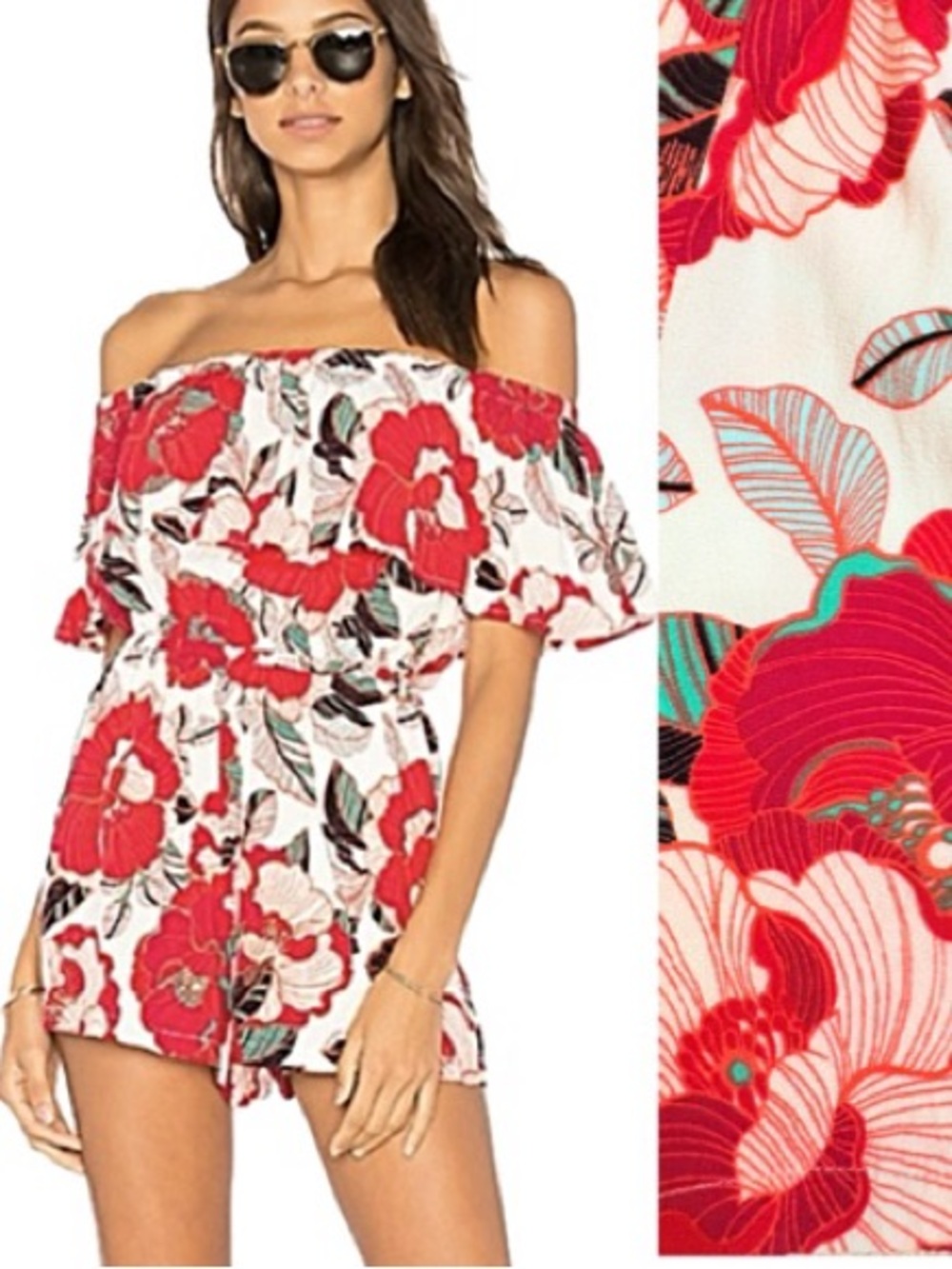 cupcakes & cashmere Hawaiian Floral Off Shoulder Romper Size Small White & Red